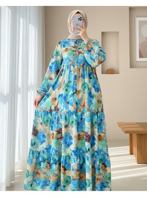 Modamorfo Karışık Desen Yarım Düğmeli Kolu Lastikli Elbise -Mavi