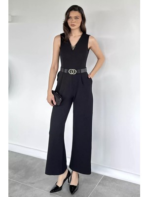 Gülseli Kadın V Yaka Gold Tokalı Kemer Aksesuarlı Tulum P-00020618