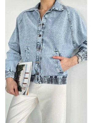 Gülseli Kadın Bel Lastikli Ön Düğmeli Jean Kot Ceket P-00020650