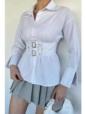 Gülseli Kadın Bel Kuşaklı Gold Detaylı Gömlek P-00020642