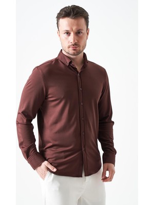 Tena Erkek Kahve Uzun Kol Ripaş Dalgıç Slim Fit Gömlek