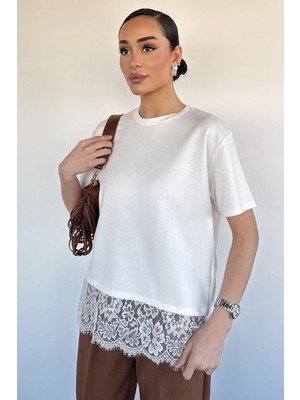 Gülseli Kadın Bisiklet Yaka Dantelli Basic Tişört P-00020628