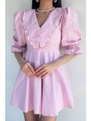 Gülseli Kadın Pötikare Desenli Bebe Yaka Elbise P-00020744