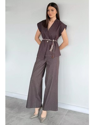 Gülseli Kadın Saten Kemerli Jean Kot Yelek Bel Lastikli Pantolon Ikili Takım P-00020659