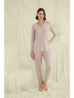 İlkyaz Fashion  Uzun Kollu Boydan Düğmeli V Yaka Pijama Takımı