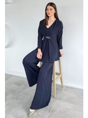 Gülseli Kadın V Yaka Gold Tokalı Bluz Bel Lastikli Palazzo Pantolon Ikili Takım P-00020661