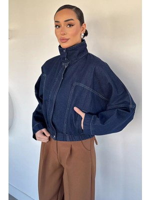 Gülseli Kadın Ön Fermuarlı Bel Lastikli Oversize Jean Kot Ceket P-00020637