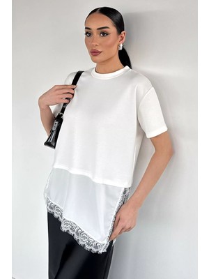 Gülseli Kadın Bisiklet Yaka Saten ve Güpür Garnili Bluz P-00020653