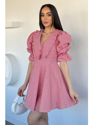Gülseli Kadın Pötikare Desenli Bebe Yaka Elbise P-00020744
