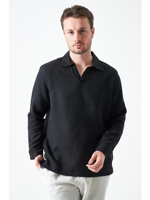 Tena Erkek Siyah Uzun Kol V Ayaklı Yaka Regular Müslin Gömlek