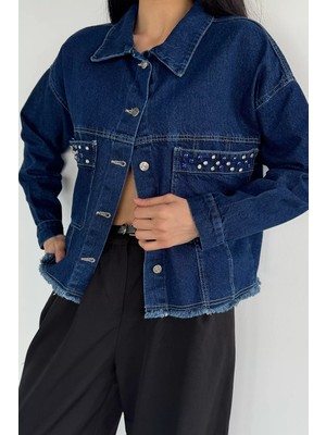 Gülseli Kadın Püsküllü Taş Işlemeli Jean Kot Ceket P-00020638