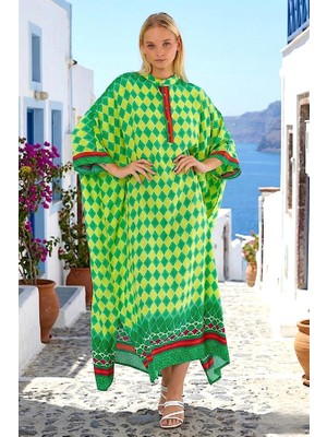 Modanı Seç Yeşil Hakim Yaka Baklava Desen Oversize Uzun Elbise