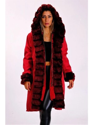 Modanı Seç Bordo Su Geçirmez Kapüşonlu Içi Kürklü Uzun Kaban