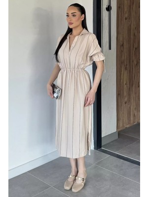 Gülseli Bel Lastikli Çizgi Desenli Kısa Kol Elbise P-00017788