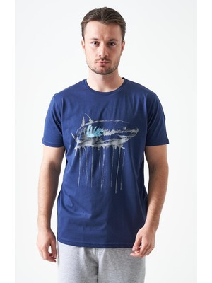 Tena Erkek Lacivert Bisiklet Yaka Köpekbalığı Baskılı Tişört