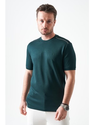 Tena Erkek Nefti-Yeşil Bisiklet Yaka Omuz Kalın Şerit Detaylı Tişört