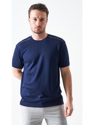 Tena Erkek Lacivert Bisiklet Yaka Omuz Kalın Şerit Detaylı Tişört