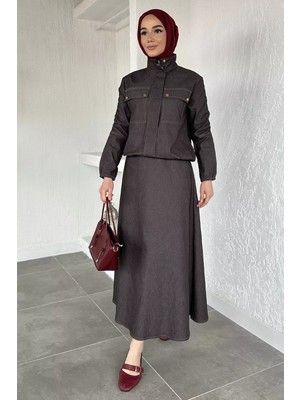 Julude Gülseli Fermuarlı Kot Ceket Etek Tesettür Ikili Takım P-00020682
