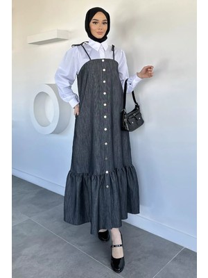 Julude Gülseli Boydan Düğmeli Bağlama Detaylı Garnili Tesettür Elbise P-00020677