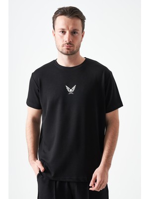 Tena Erkek Siyah Bisiklet Yaka Kartal Baskılı Modal Tişört