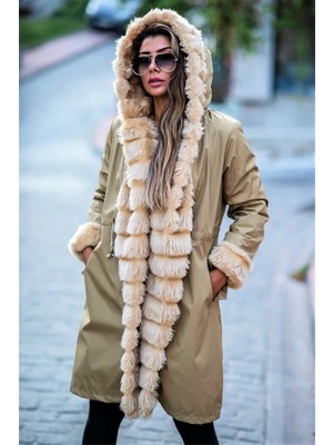 Modanı Seç Bej Su Geçirmez Kapüşonlu Içi Kürklü Uzun Kaban