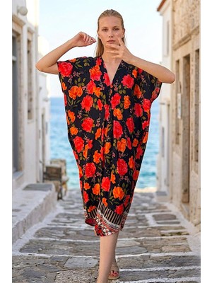 Modanı Seç Kırmızı Çiçekli  V Yaka Tasarım Cepli Elbise