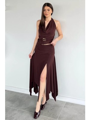 Gülseli Kadın Bel Lastikli Büzgü Detaylı Asimetrik Kesim Yırtmaçlı Etek P-00020616