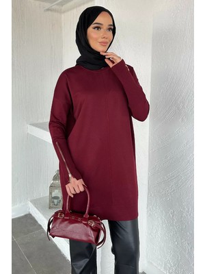 Julude Gülseli Kol Fermuar Detaylı Tesettür Triko Tunik P-00020679