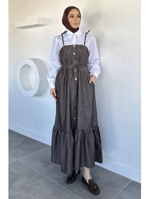 Julude Gülseli Boydan Düğmeli Bağlama Detaylı Garnili Tesettür Elbise P-00020677