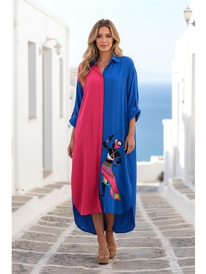 Modanı Seç Saks Mavi Pembe Garnili Eteği Kadın Figürü Nakışlı Uzun Gömlek Elbise