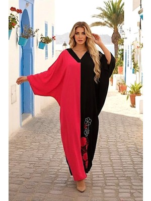 Modanı Seç Pembe Siyah Garnili V Yaka Eteği Nakışlı Cepli Oversize Uzun Elbise