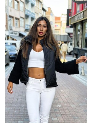 Modanı Seç Siyah Dik Yaka Kolları Triko Cepleri Fermuarlı Şişme Mont