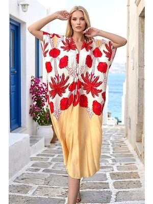 Modanı Seç Bej Kırmızı Çiçekli  V Yaka Tasarım Cepli Elbise
