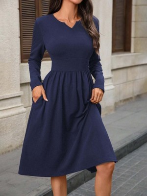 Gacha Kadın Uzun Kollu V Yakalı Cepli Midi Ithal Krep Elbise