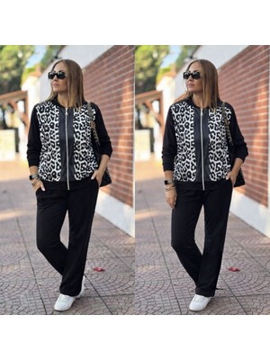 Ezel Glory Kadın Uzun Kollu Önden Fermuarlı Leopar Desenli Viskon Iki Iplik Bluz ve Pantolon Ikili Takım