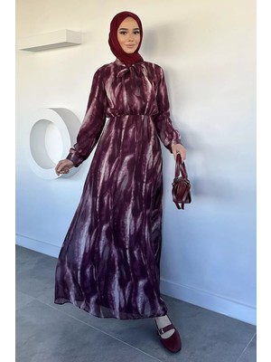 Julude Desenli Bel Lastikli Şifon Tesettür Elbise P-00020605