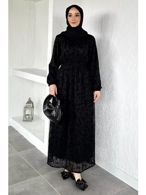 Julude Flok Baskılı Bel Lastikli Tesettür Elbise P-00020597
