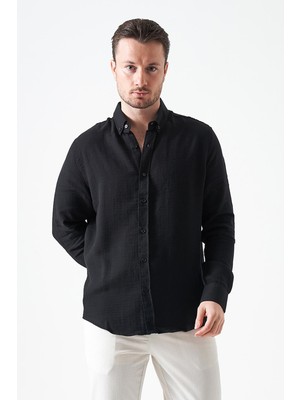 Tena Erkek Siyah Uzun Kol Regular Basic Müslin Gömlek