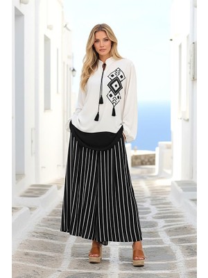 Modanı Seç Siyah Desenli Püsküllü Pantolonu Çizgili Cepli Tunik Pantolon Ikili Takım