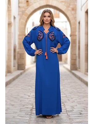 Modanı Seç Saks Mavi Göğsü ve Kolları Nakışlı Püsküllü Balon Kol Uzun Elbise