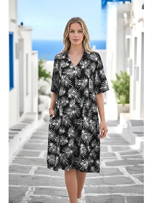 Modanı Seç Siyah Desenli Gömlek Yaka Cepli Kısa Elbise