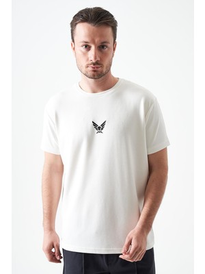 Tena Erkek Ekru Bisiklet Yaka Kartal Baskılı Modal Tişört