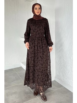 Julude Flok Baskılı Bel Lastikli Tesettür Elbise P-00020597
