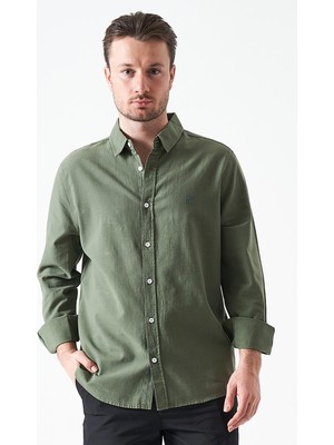 Tena Erkek Haki Uzun Kol Basic Pamuk Flam Regular Gömlek