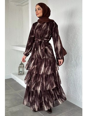 Julude Desenli Şifon Katkat Tesettür Elbise P-00020604