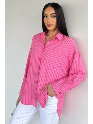 Gülseli Kadın Çizgi Desenli Salaş Gömlek P-00020570