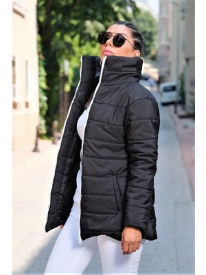 Modanı Seç Siyah Dik Yaka Su Geçirmez Uzun Şişme Mont