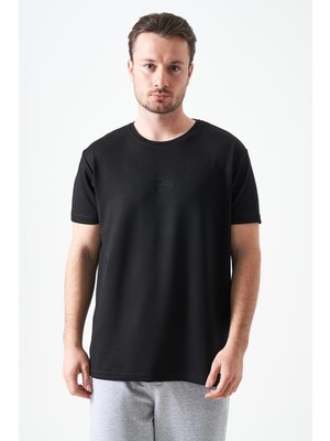 Tena Erkek Siyah Bisiklet Yaka Overdose Baskılı Modal Tişört