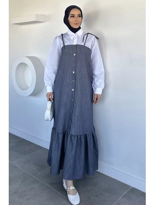 Julude Gülseli Boydan Düğmeli Bağlama Detaylı Garnili Tesettür Elbise P-00020677