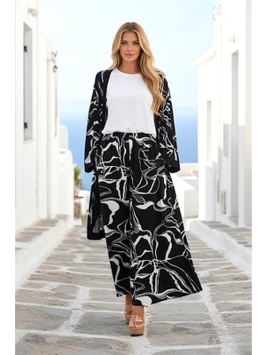 Modanı Seç Siyah Desenli Tunik Bluz Pantolon Üçlü Takım